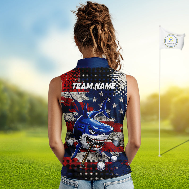 Golfer wearing funny womens polo golf shirt American Flag custom shark golf shirt personalized golf gift for women 