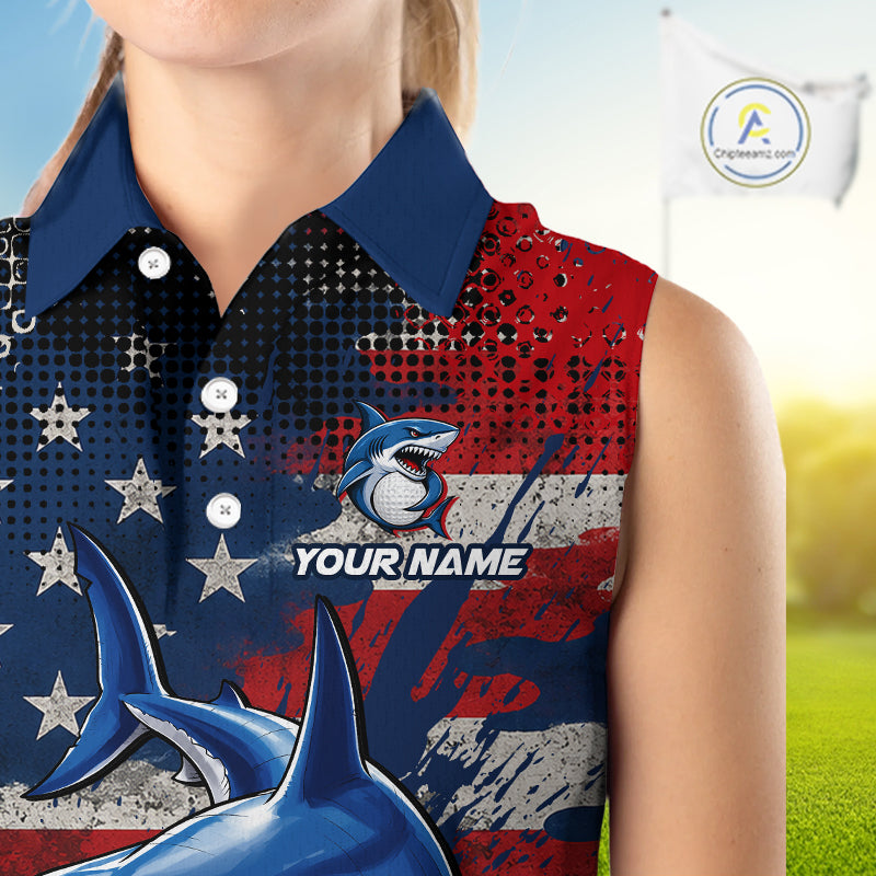Shirt with shark design and American flag pattern, with custom name on the chest