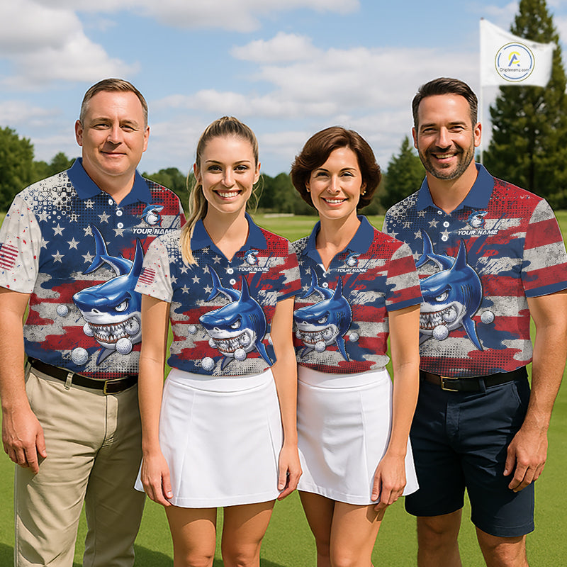 Four person golf team wearing funny mens long sleeve polo golf shirt American Flag custom shark golf shirts front view