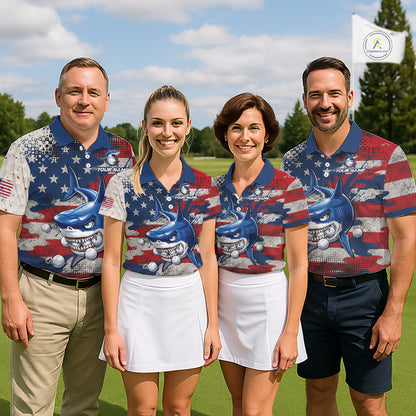 Four person golf team wearing funny mens long sleeve polo golf shirt American Flag custom shark golf shirts front view