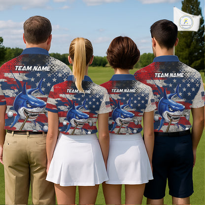 Four person golf team wearing funny mens long sleeve polo golf shirt American Flag custom shark golf shirts back view