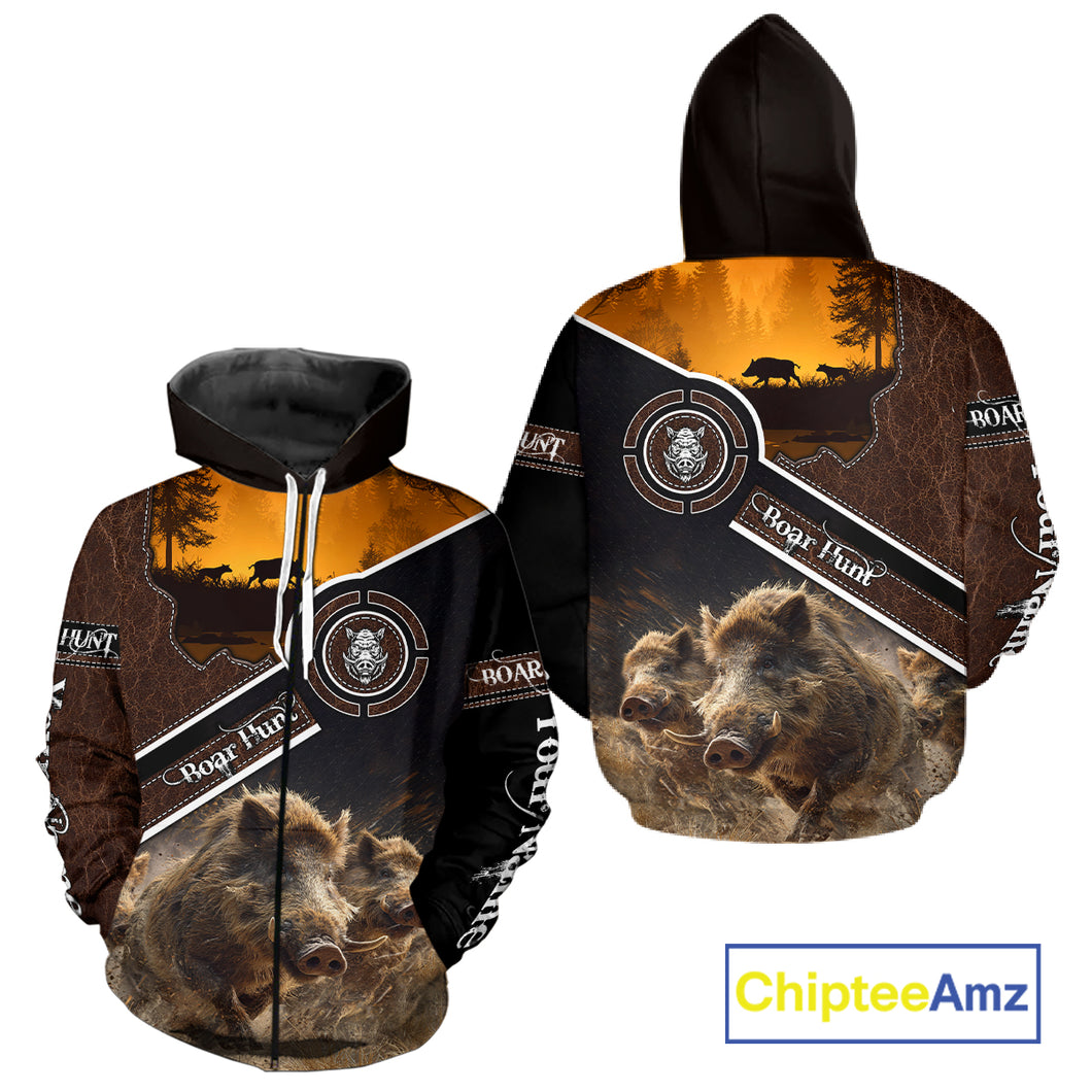 Wild Boar Hunting Leather Pattern Custom Name 3D All Over Printed Shirts Personalized Boar Shirt NBT143
