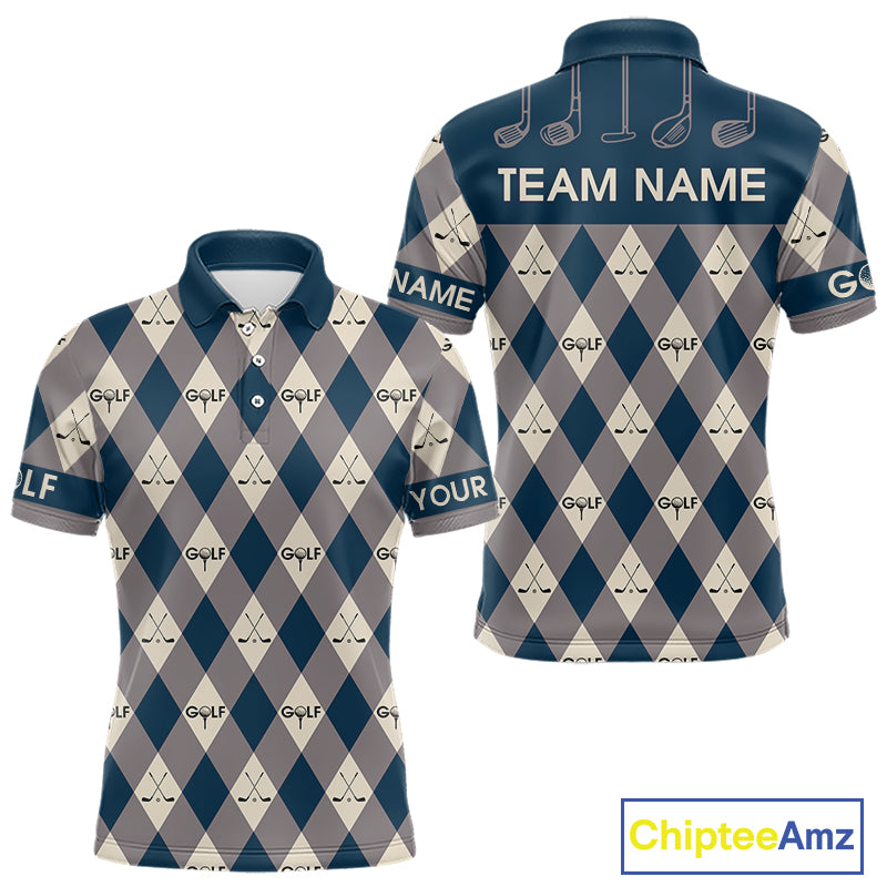 Blue Argyle Plaid Pattern Mens Golf Polo Shirts Custom Golf Attire For Men, Team Golf Shirt NBT636