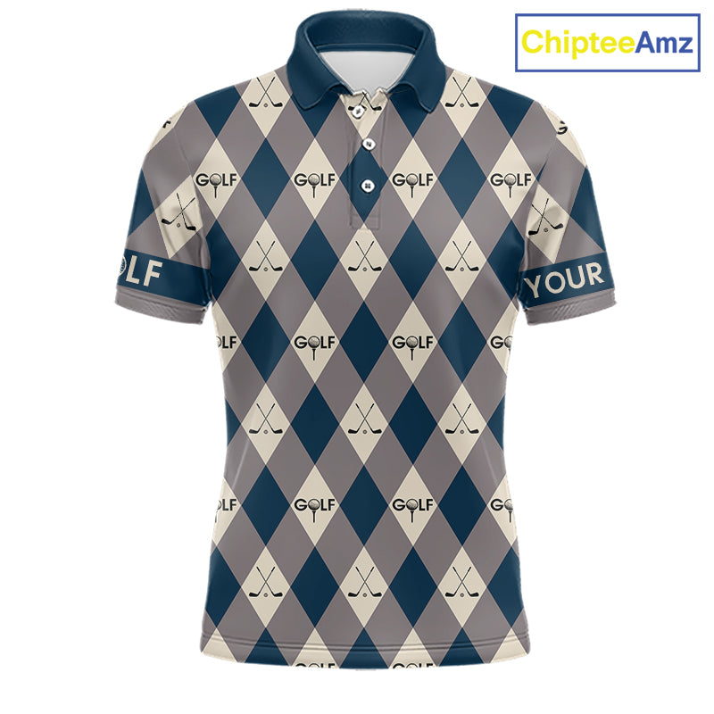 Blue Argyle Plaid Pattern Mens Golf Polo Shirts Custom Golf Attire For Men, Team Golf Shirt NBT636