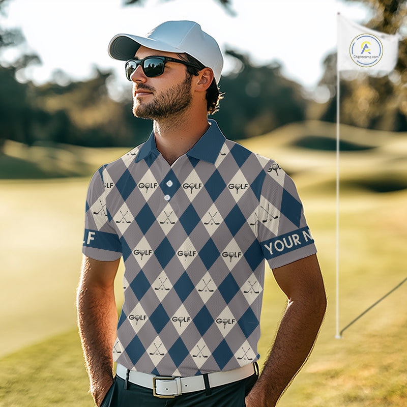 Blue Argyle Plaid Pattern Mens Golf Polo Shirts Custom Golf Attire For Men, Team Golf Shirt NBT636