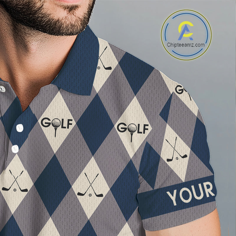 Blue Argyle Plaid Pattern Mens Golf Polo Shirts Custom Golf Attire For Men, Team Golf Shirt NBT636