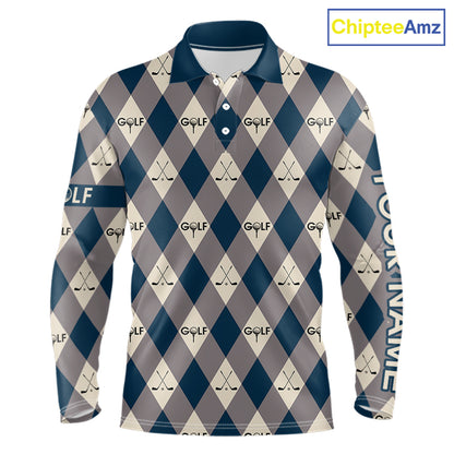 Blue Argyle Plaid Pattern Mens Golf Polo Shirts Custom Golf Attire For Men, Team Golf Shirt NBT636