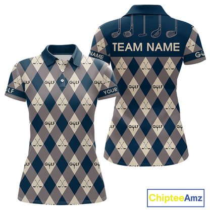 Blue Argyle Plaid Pattern Womens Golf Polo Shirts Custom Golf Attire For Ladies, Team Golf Shirt NBT636