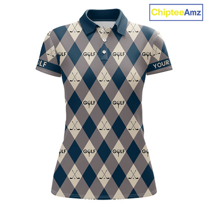 Blue Argyle Plaid Pattern Womens Golf Polo Shirts Custom Golf Attire For Ladies, Team Golf Shirt NBT636