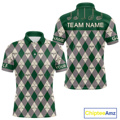 Green Argyle Plaid Pattern Mens Golf Polo Shirts Custom Golf Attire For Men, Team Golf Shirt NBT637