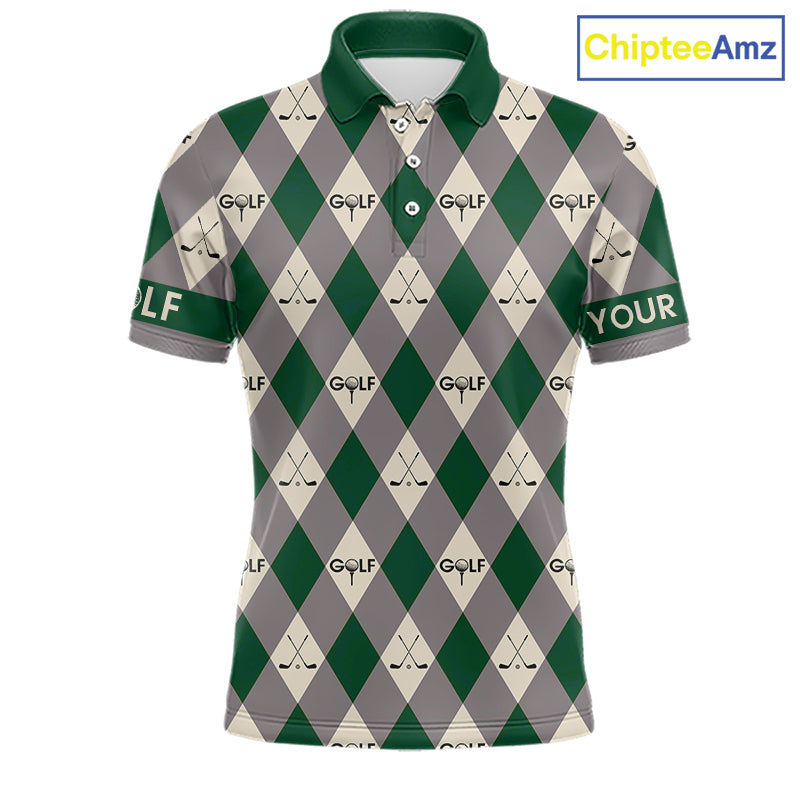 Green Argyle Plaid Pattern Mens Golf Polo Shirts Custom Golf Attire For Men, Team Golf Shirt NBT637