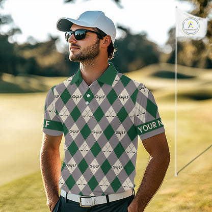 Green Argyle Plaid Pattern Mens Golf Polo Shirts Custom Golf Attire For Men, Team Golf Shirt NBT637