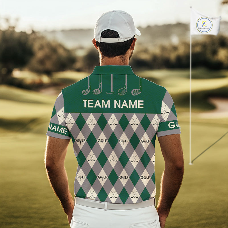 Green Argyle Plaid Pattern Mens Golf Polo Shirts Custom Golf Attire For Men, Team Golf Shirt NBT637