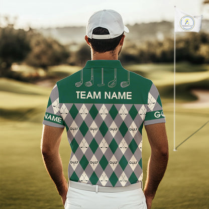 Green Argyle Plaid Pattern Mens Golf Polo Shirts Custom Golf Attire For Men, Team Golf Shirt NBT637