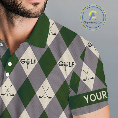 Green Argyle Plaid Pattern Mens Golf Polo Shirts Custom Golf Attire For Men, Team Golf Shirt NBT637