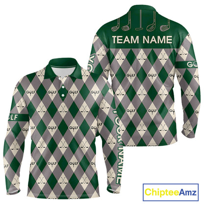 Green Argyle Plaid Pattern Mens Golf Polo Shirts Custom Golf Attire For Men, Team Golf Shirt NBT637