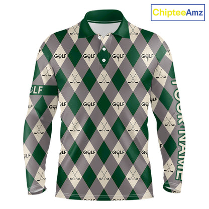 Green Argyle Plaid Pattern Mens Golf Polo Shirts Custom Golf Attire For Men, Team Golf Shirt NBT637