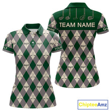 Load image into Gallery viewer, Green Argyle Plaid Pattern Womens Golf Polo Shirts Custom Golf Attire For Ladies, Team Golf Shirt NBT637