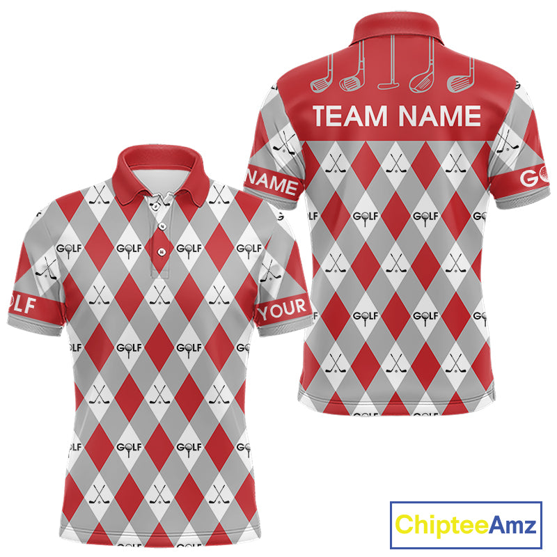 Red Argyle Plaid Pattern Mens Golf Polo Shirts Custom Golf Attire For Men, Team Golf Shirt NBT638