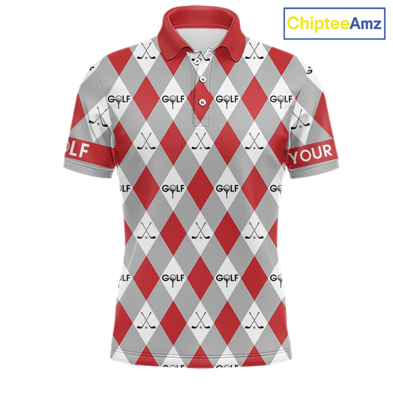Red Argyle Plaid Pattern Mens Golf Polo Shirts Custom Golf Attire For Men, Team Golf Shirt NBT638
