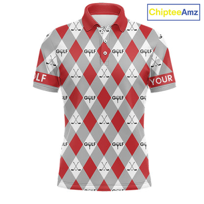Red Argyle Plaid Pattern Mens Golf Polo Shirts Custom Golf Attire For Men, Team Golf Shirt NBT638