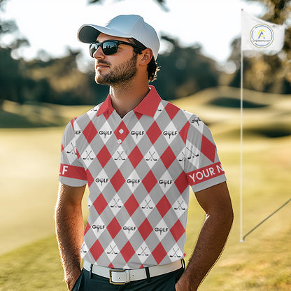 Red Argyle Plaid Pattern Mens Golf Polo Shirts Custom Golf Attire For Men, Team Golf Shirt NBT638