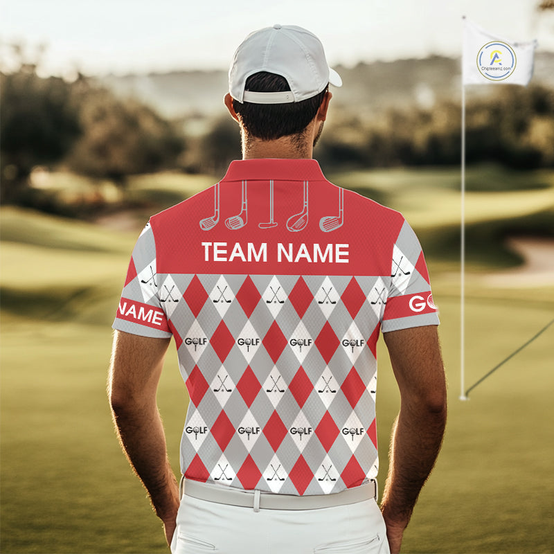 Red Argyle Plaid Pattern Mens Golf Polo Shirts Custom Golf Attire For Men, Team Golf Shirt NBT638
