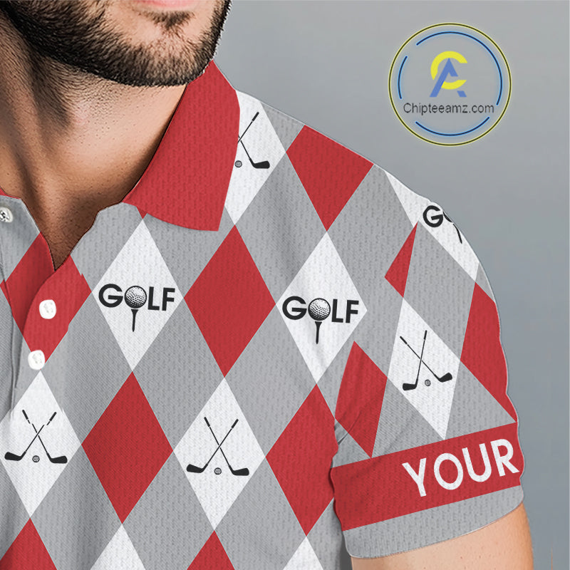 Red Argyle Plaid Pattern Mens Golf Polo Shirts Custom Golf Attire For Men, Team Golf Shirt NBT638