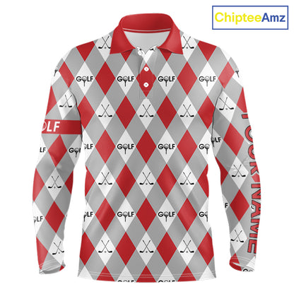 Red Argyle Plaid Pattern Mens Golf Polo Shirts Custom Golf Attire For Men, Team Golf Shirt NBT638