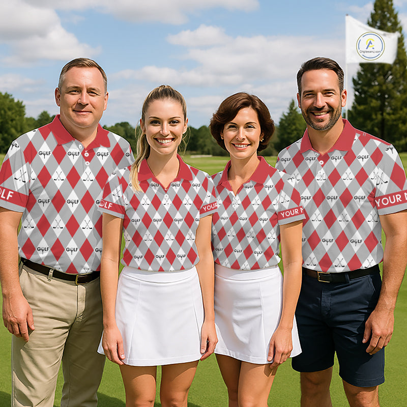 Red Argyle Plaid Pattern Mens Golf Polo Shirts Custom Golf Attire For Men, Team Golf Shirt NBT638