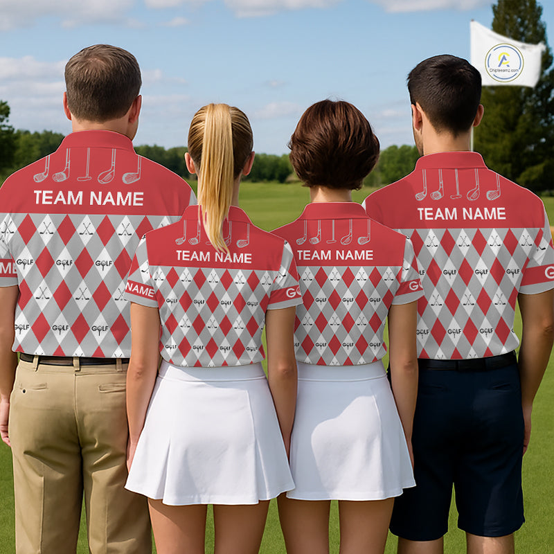 Red Argyle Plaid Pattern Mens Golf Polo Shirts Custom Golf Attire For Men, Team Golf Shirt NBT638