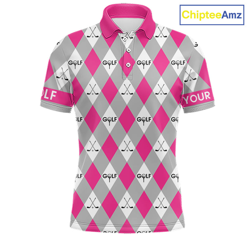 Pink Argyle Plaid Pattern Mens Golf Polo Shirts Custom Golf Attire For Men, Team Golf Shirt NBT639