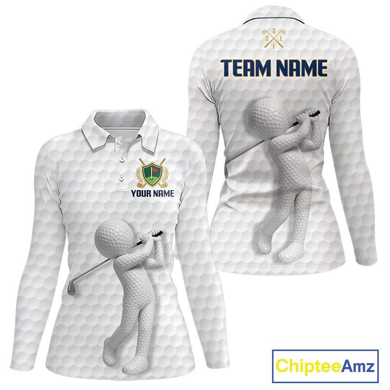 Front and back view Custom Name womens long sleeve golf polo shirt with unique golf ball pattern and personalized design