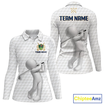 Front and back view Custom Name womens long sleeve golf polo shirt with unique golf ball pattern and personalized design