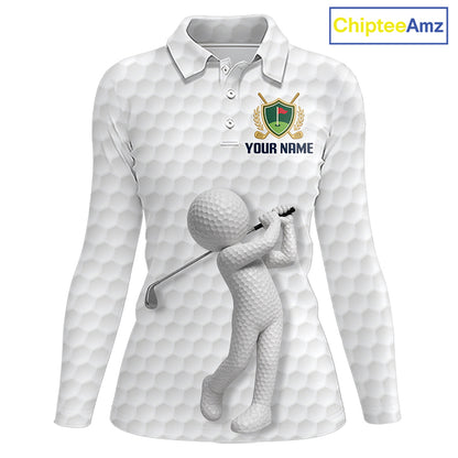 Front view Custom Name womens long sleeve golf polo shirt with unique golf ball pattern and personalized design