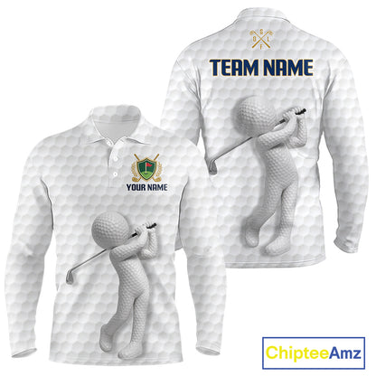 Front and back view Custom Name mens long sleeve golf polo shirt with unique golf ball pattern and personalized name