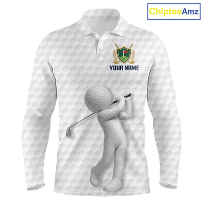 Front view Custom Name mens long sleeve golf polo shirt with unique golf ball pattern and personalized name