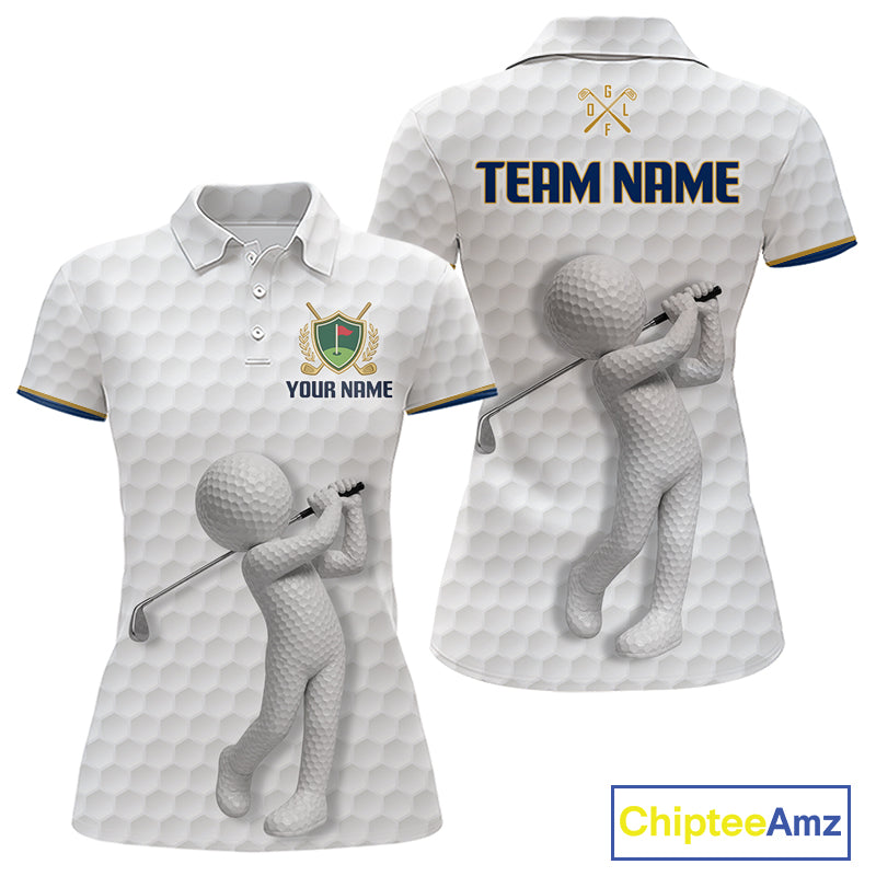 Front and back view Custom Name mens golf polo shirt with unique golf ball pattern and personalized design