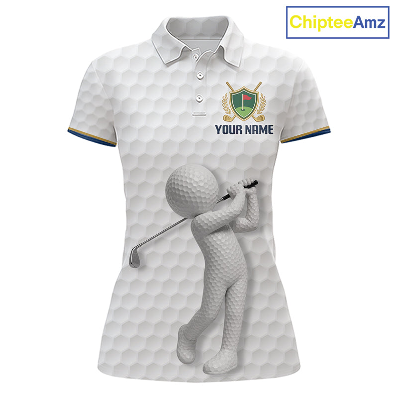 Front view Custom Name mens golf polo shirt with unique golf ball pattern and personalized design