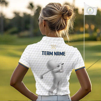 Golfer wearing Custom Name womens golf polo shirt with unique golf ball pattern perfect golf gift for women on the course