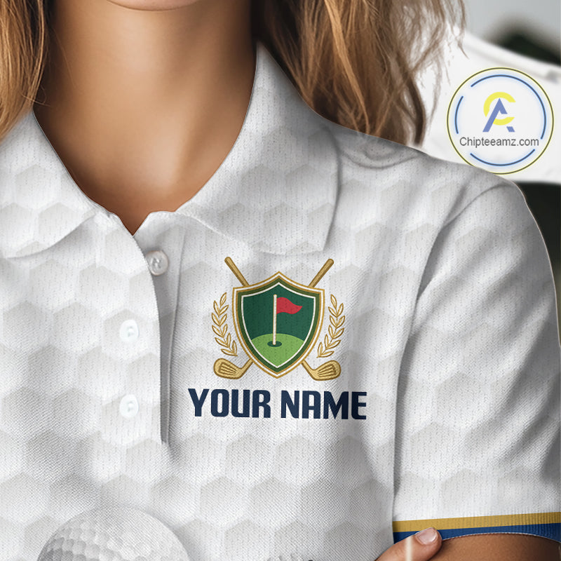 Close-up fabric of Custom Name womens golf polo shirt with unique golf ball pattern personalized golf polo for men