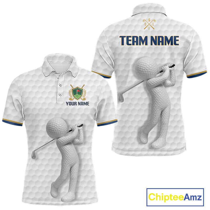 Front and back view Custom Name mens golf polo shirt with unique golf ball pattern and personalized design
