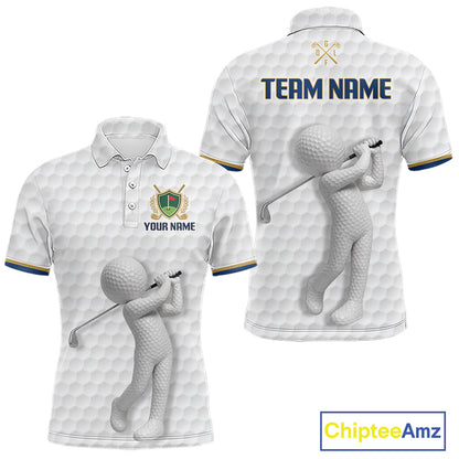 Front and back view Custom Name mens golf polo shirt with unique golf ball pattern and personalized design
