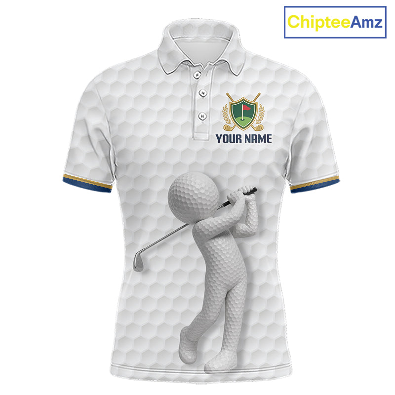Front view Custom Name mens golf polo shirt with unique golf ball pattern and personalized design