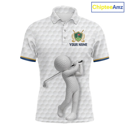 Front view Custom Name mens golf polo shirt with unique golf ball pattern and personalized design