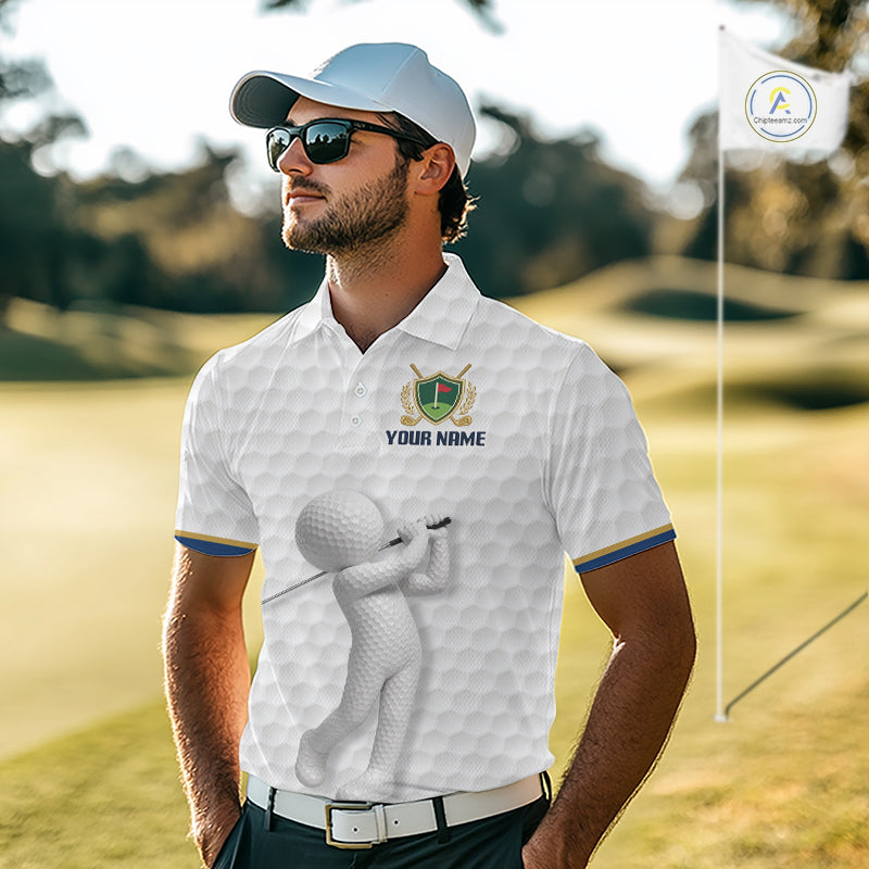 Golfer wearing Custom Name mens golf polo shirt with unique golf ball pattern perfect golf gift for men on the course