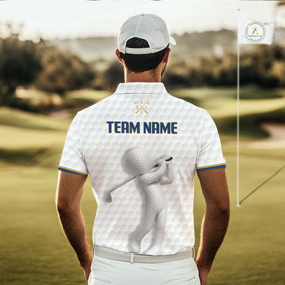 Golfer wearing Custom Name mens golf polo shirt with unique golf ball pattern perfect golf gift for men on the course