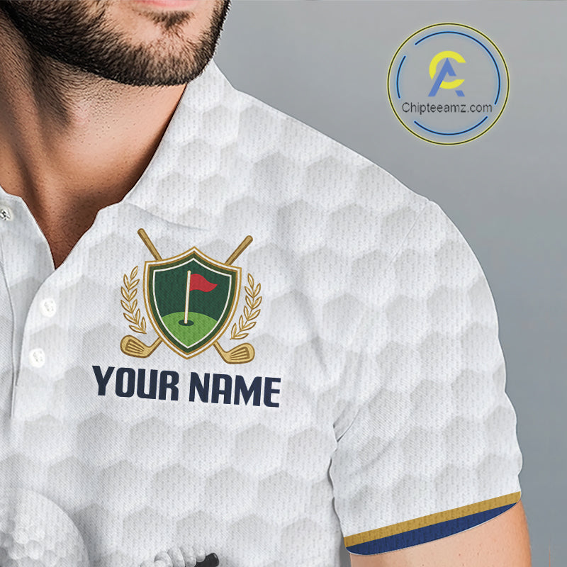 Close-up breathable polyester fabric texture on Custom Name mens golf polo shirt with unique golf ball pattern