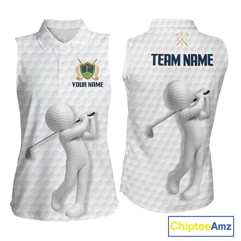 Front and back view Custom Name womens sleeveless golf polo shirt with unique golf ball pattern and personalized design