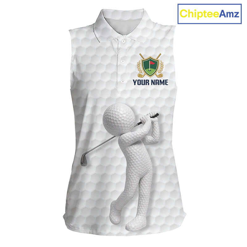 Front view Custom Name womens sleeveless golf polo shirt with unique golf ball pattern and personalized design
